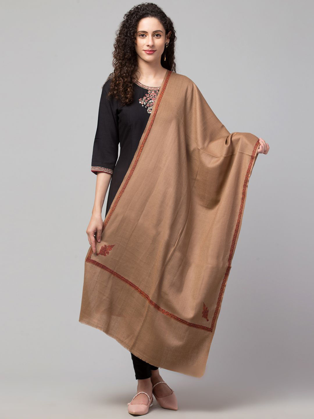 Tweedle Women Solid Wool Stole with Kingri Embroidery & Fringes