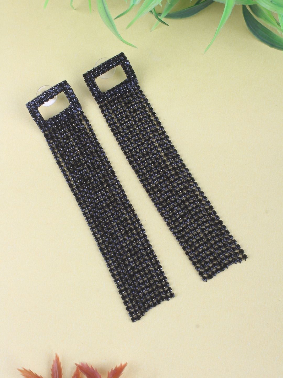 StyleCast Brass-Plated Rhinestone Studded Tasselled Rectangle Drop Earrings