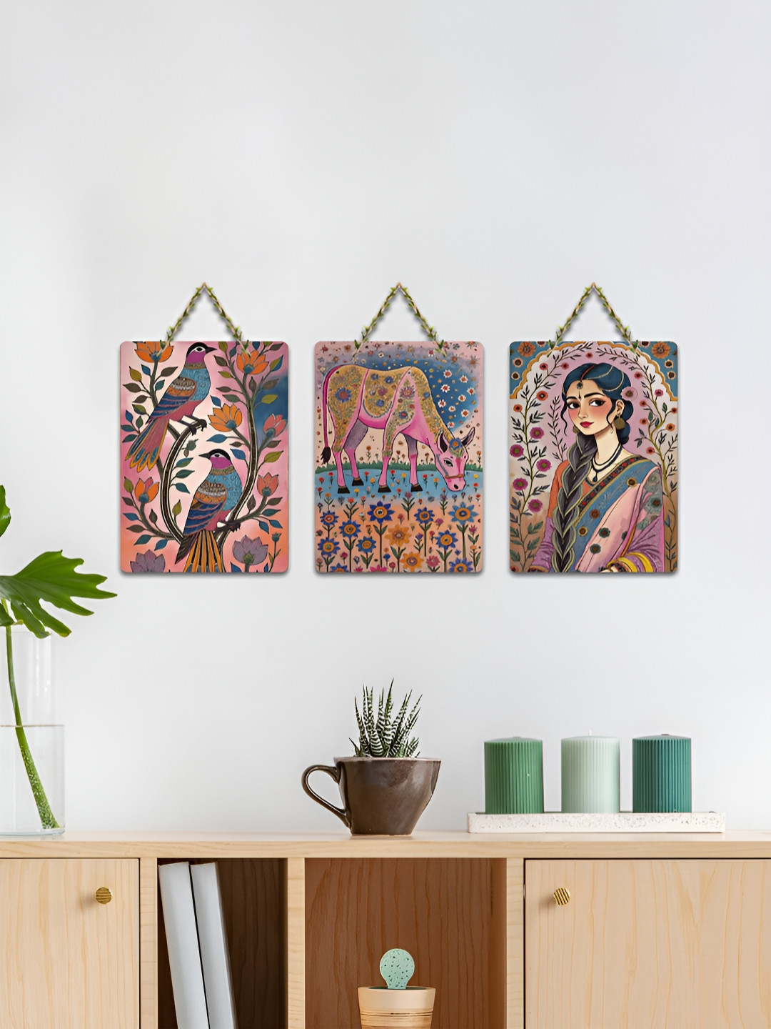 ArtVibes Pink & Blue 3 Pieces Gulabi Gaatha Tales Printed Wooden Hanging Wall Arts