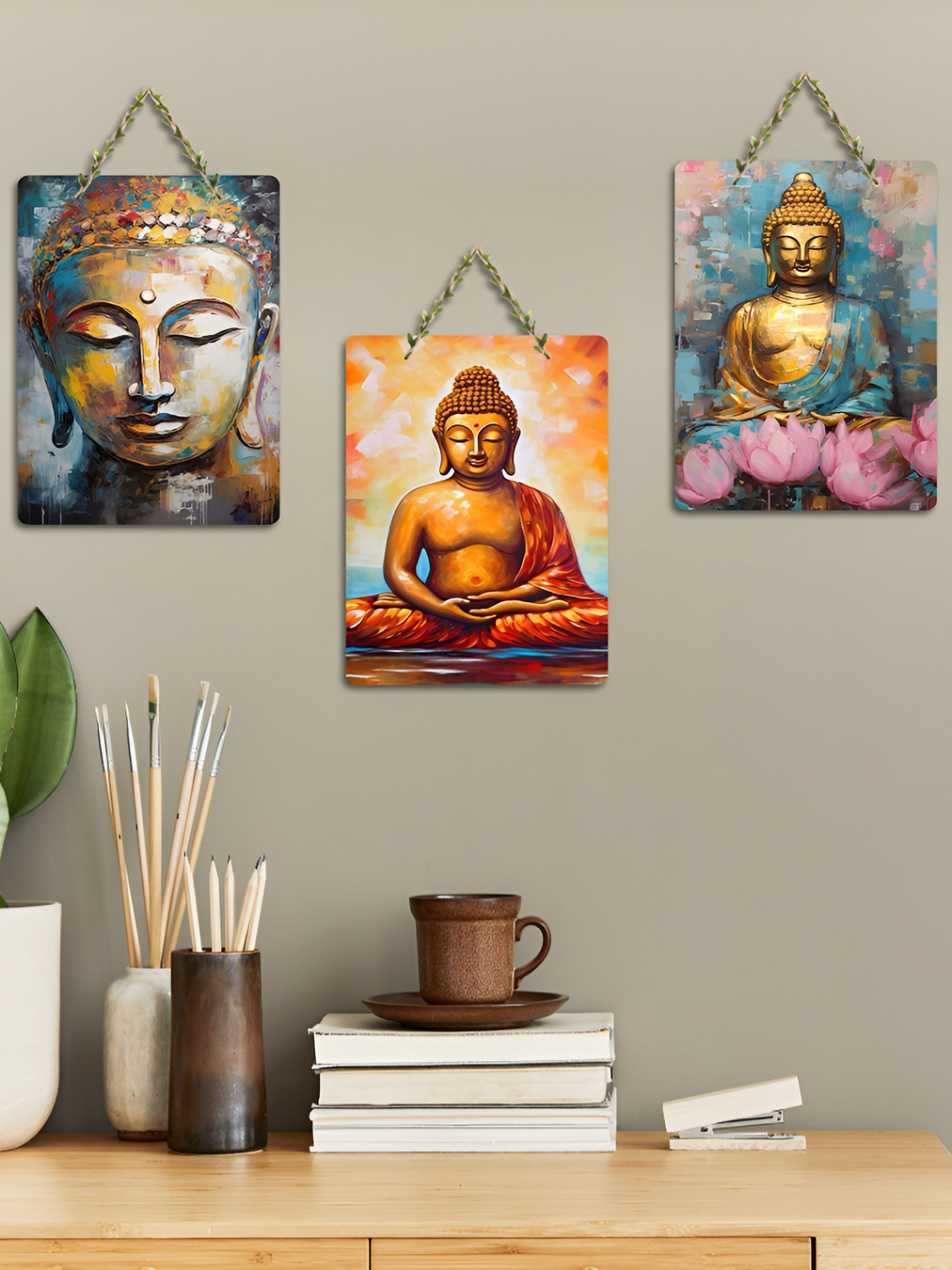 ArtVibes Brown & Blue 3 Pieces Buddha Art Printed Wooden Wall Hanging Decors