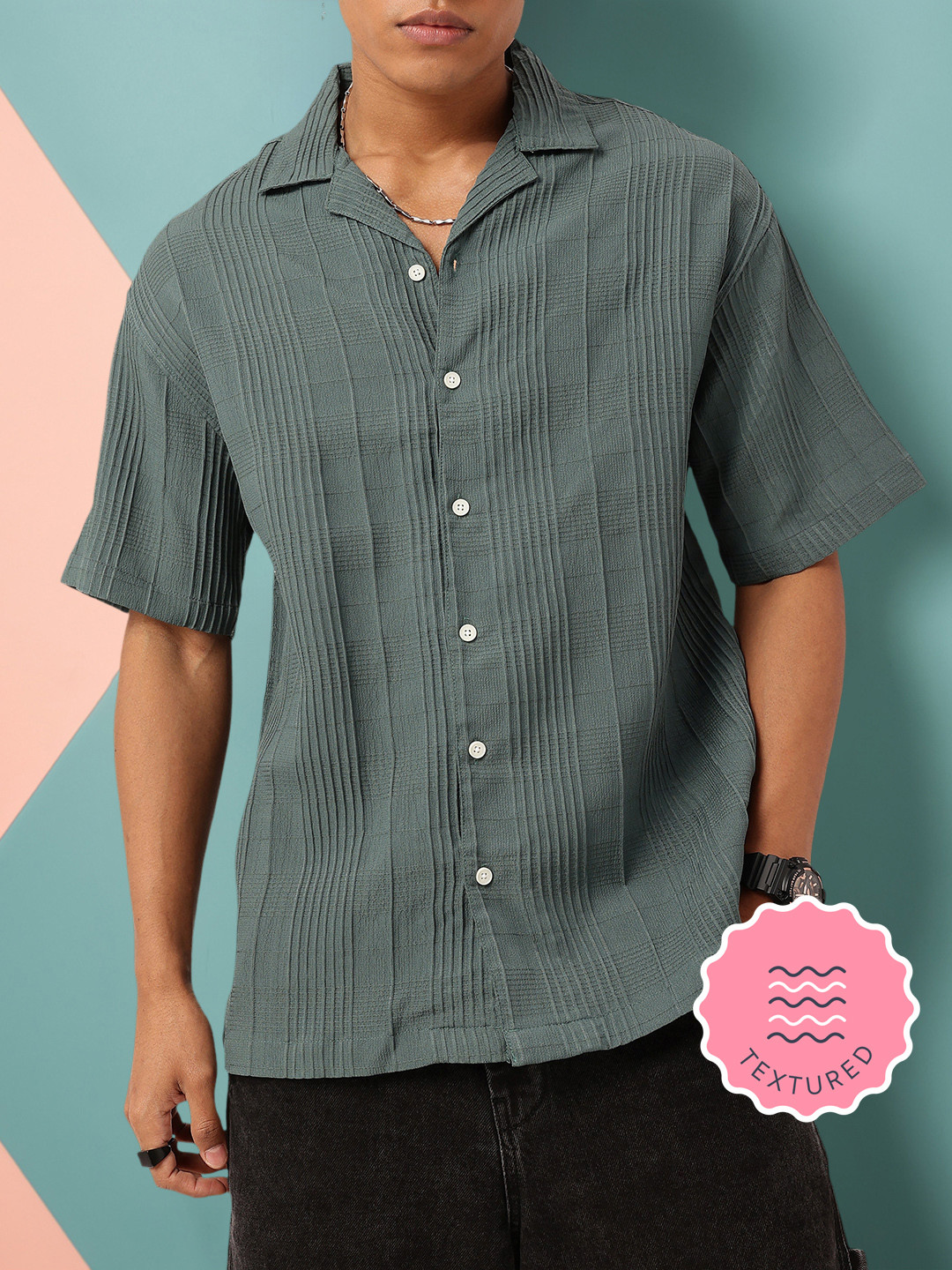 WROGN Textured Vibe Pleated Seersucker Oversized Shirt