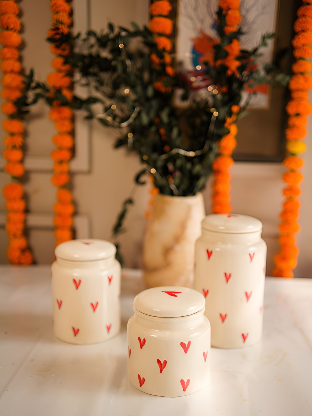 ArteCasa White & Red 3 Pieces Hearts Printed Ceramic Easy to Clean Canister Container