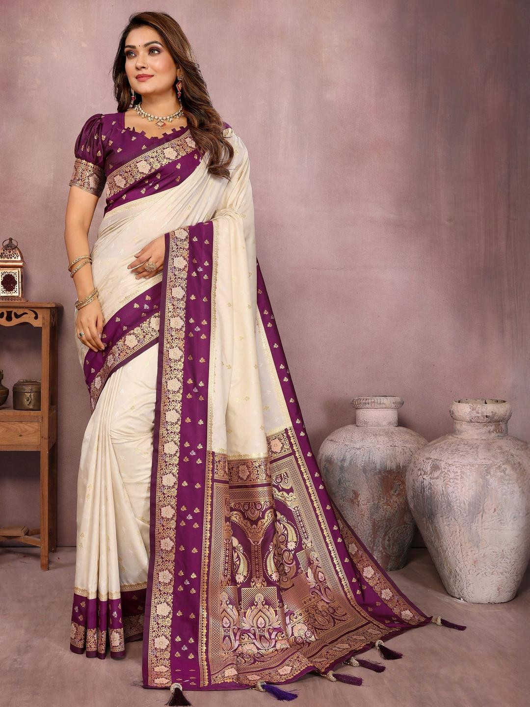 DIVASTRI Kamalkari Silk Zari Woven Work Saree With Unstitched Blouse Piece