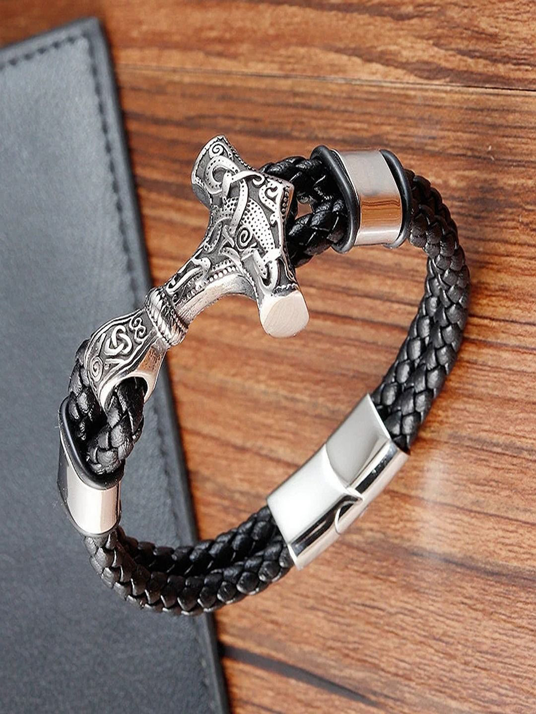 UNIVERSITY TRENDZ Men Leather Cross Hammer Style Wraparound Bracelet