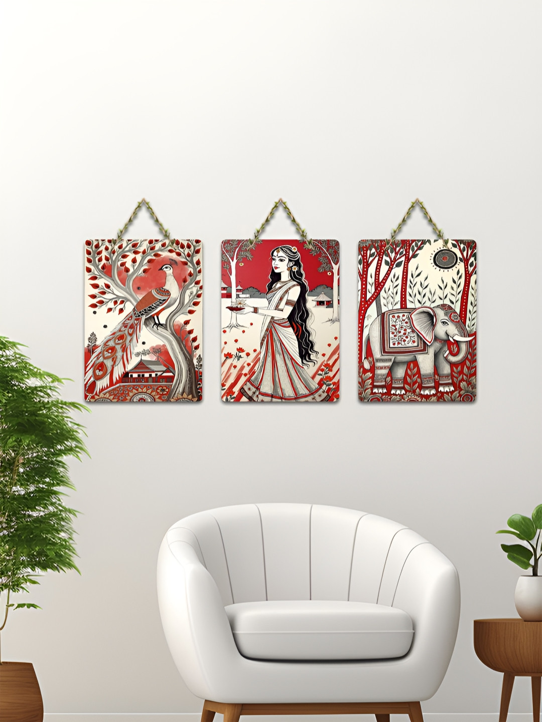 ArtVibes Beige & Red 3 Pieces Echoes of Tradition Printed Wooden Hanging Wall Arts