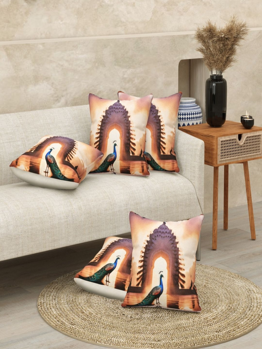 BED-SHEET.COM Orange & Blue Peacock Digital Printed Jute Cotton Square Cushion Cover