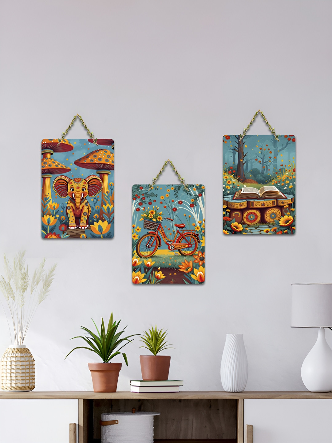 ArtVibes Brown 3 Pieces Elephant Bicycle & Book in Bloom Printed Wooden Hanging Wall Arts