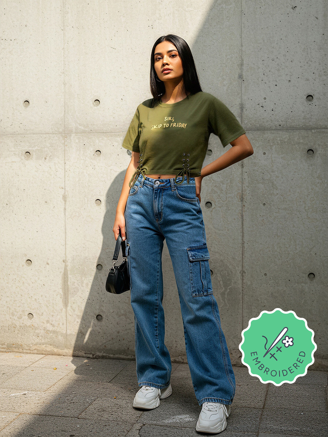 glitchez Embroidered Lace-Up Crop Boxy T-shirt