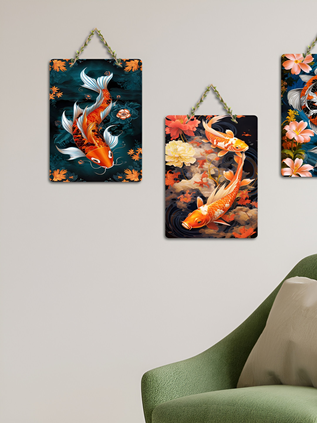 ArtVibes Navy Blue & Orange-Coloured 3 Pieces Printed Wooden Wall Hanging Decors