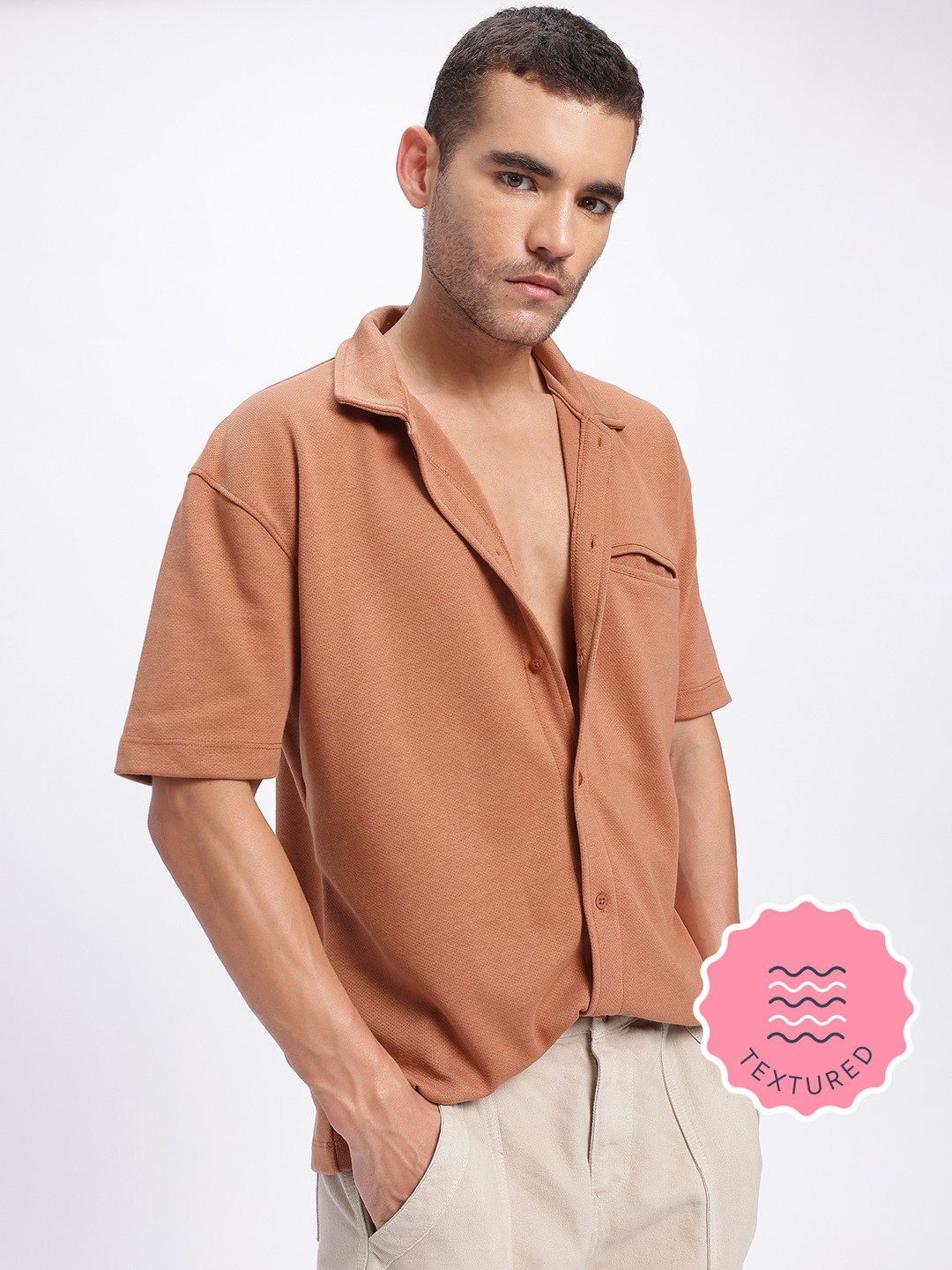 glitchez Relaxed Drip Textured Knit Shirt with Cuban Collar