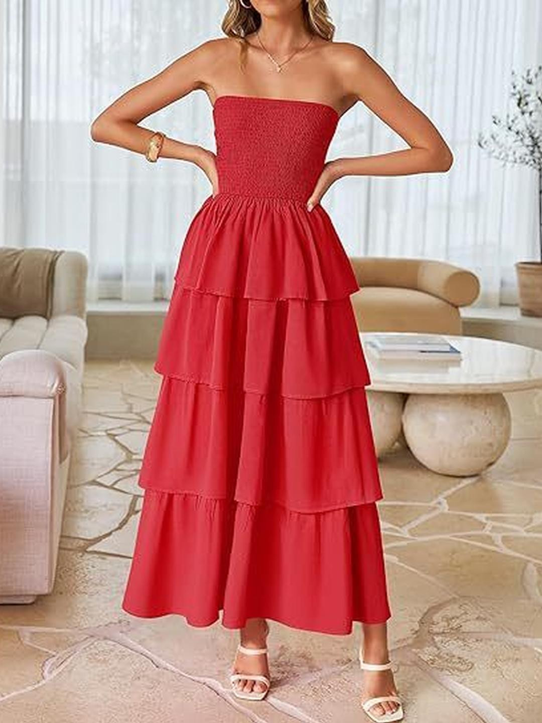 Red Strapless Solid Maxi Dress
