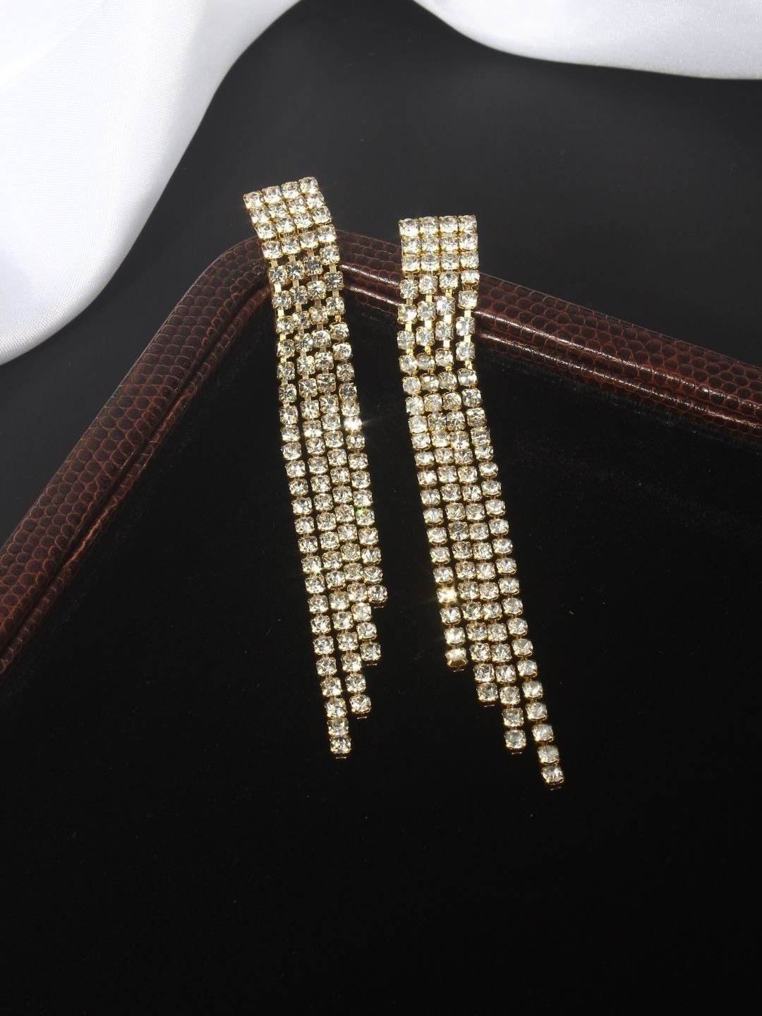 StyleCast Gold-Plated Rhinestone Studded Tasselled Square Shaped Drops Earrings