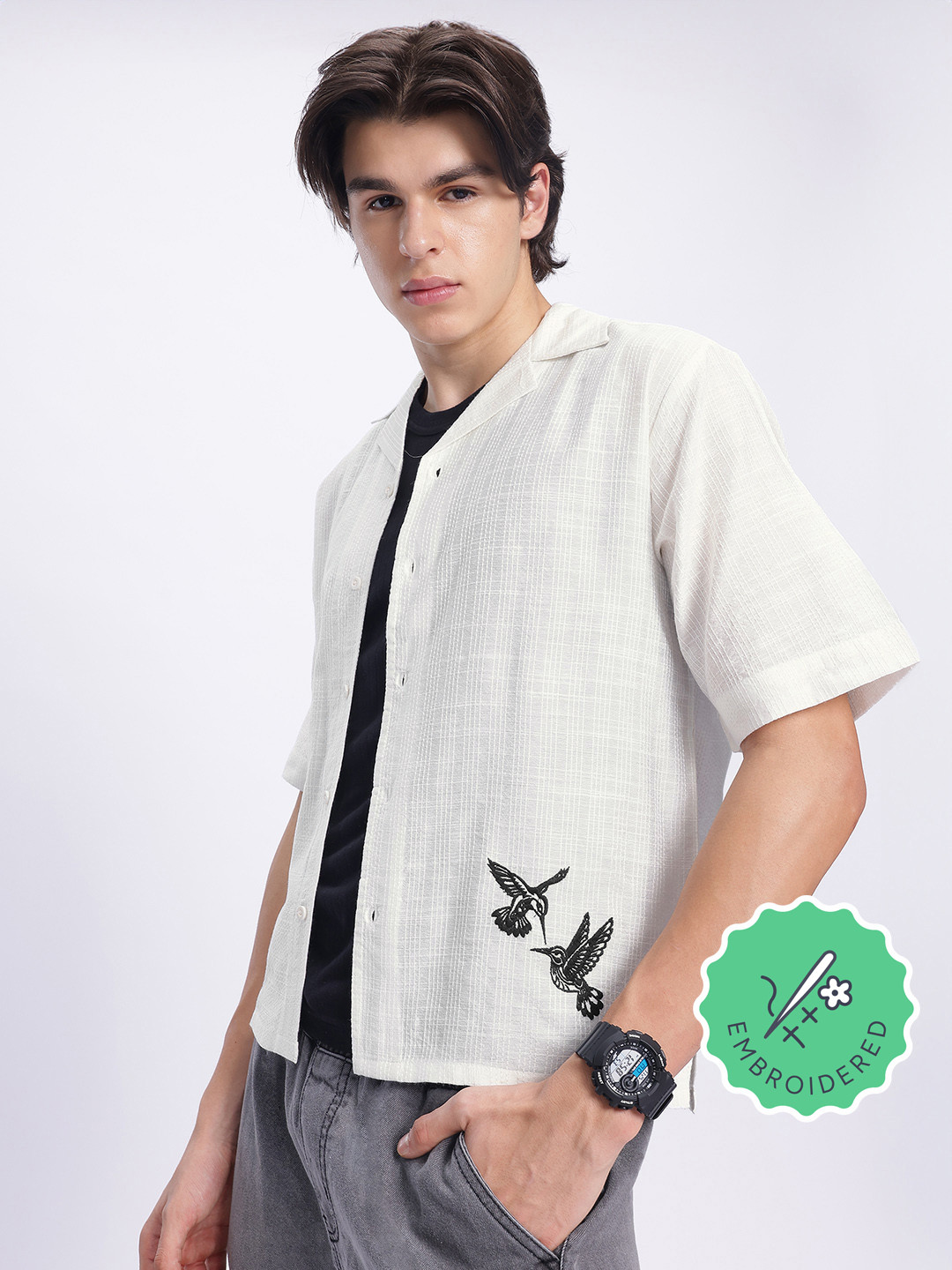 glitchez Self-Checked Embroidered Regular Fit Shirt