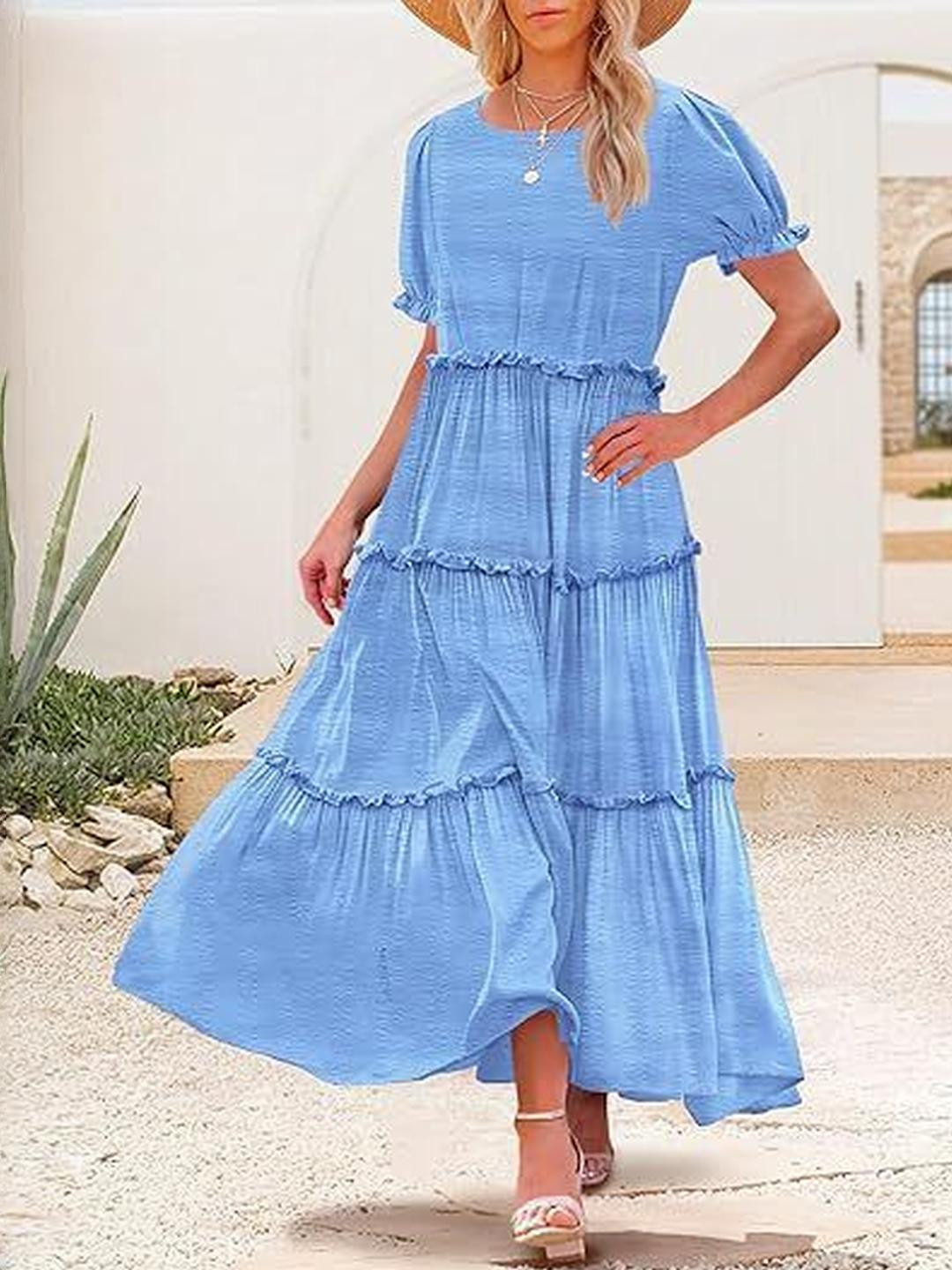 Blue Solid Maxi Dress with Short Sleeves