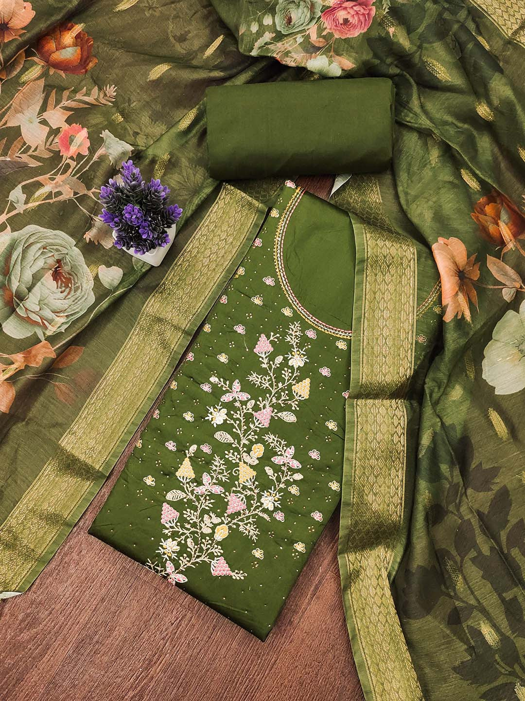 MANVAA Floral Embroidered Thread Work Jaam Sattin Unstitched Dress Material