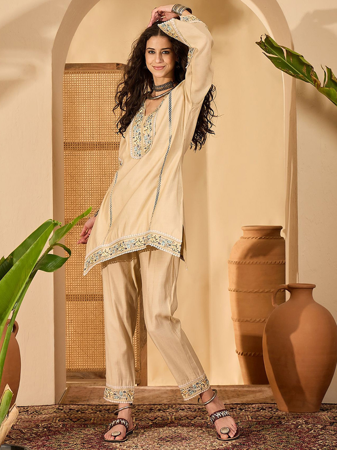 Sangria Pure-Roman Silk Embroidered Tunic With Trouser Co-Ords