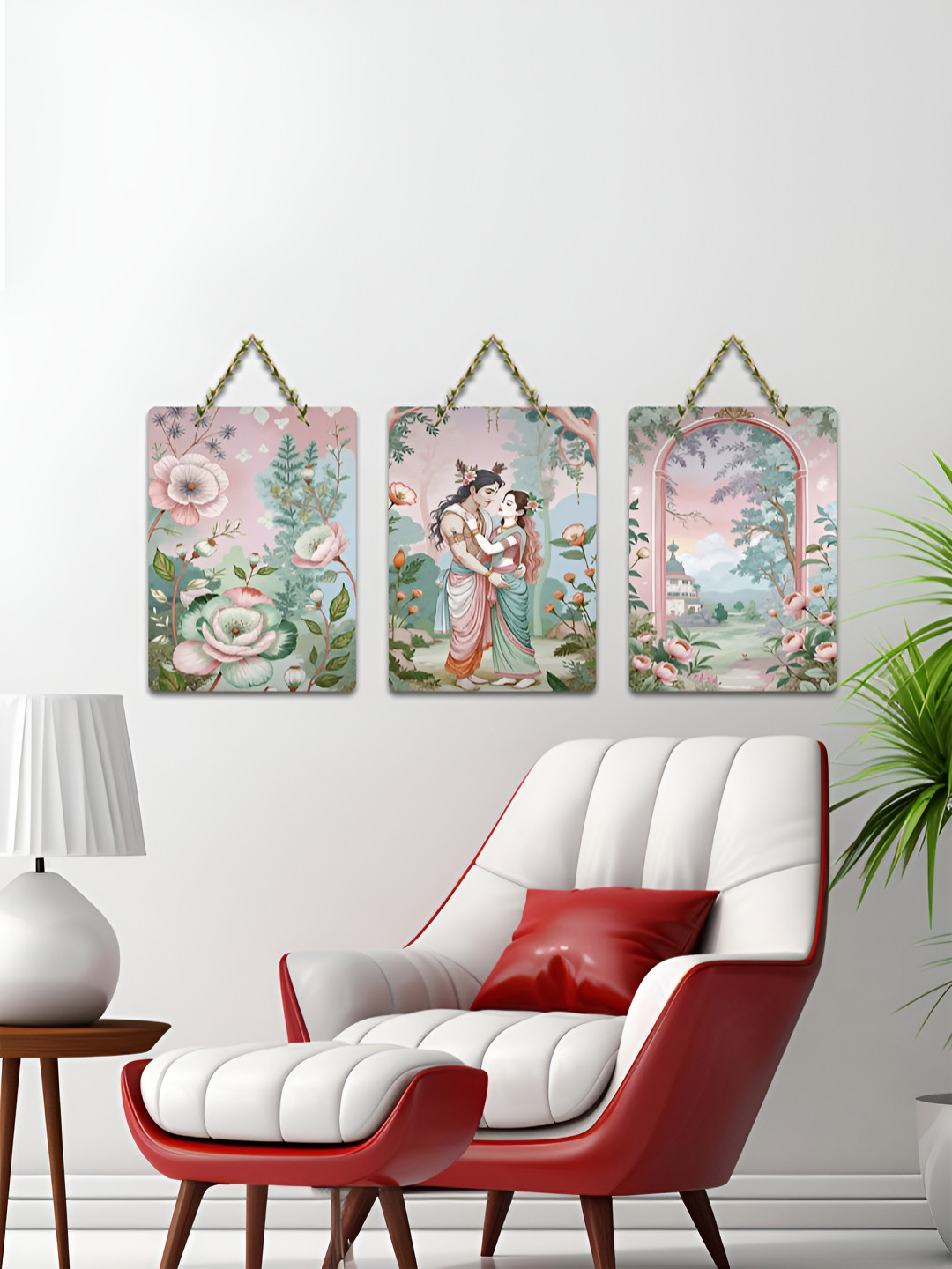 ArtVibes Green & Pink 3 Pieces Eternal Embrace Love in Bloom Printed Wall Hanging Decors