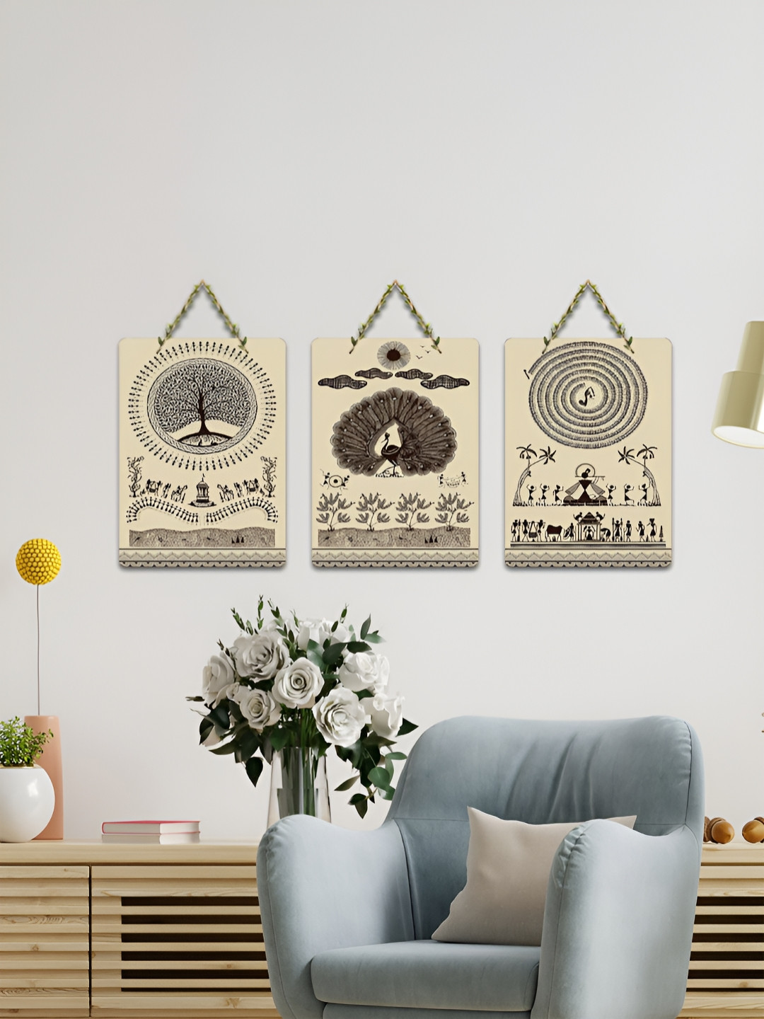 ArtVibes 3-Pcs Beige & Black The Warli Rhythm Printed Wooden Wall Hanging Decor