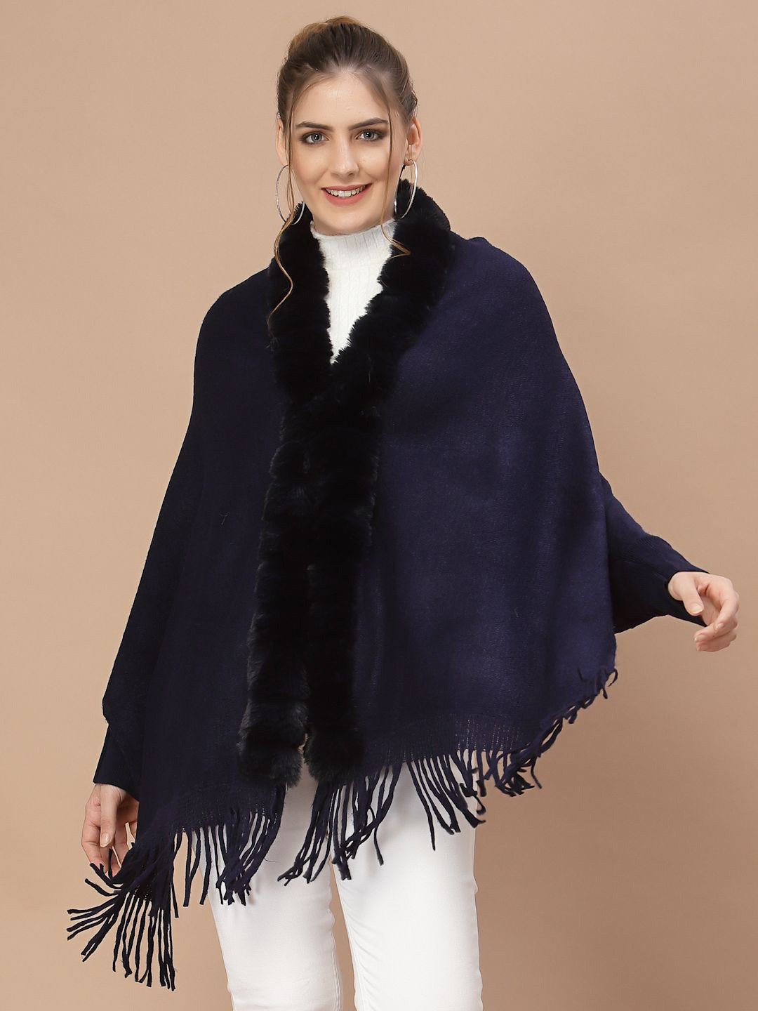 Mafadeny Women V-Neck Faux Fur Border and Fringe Hem Poncho