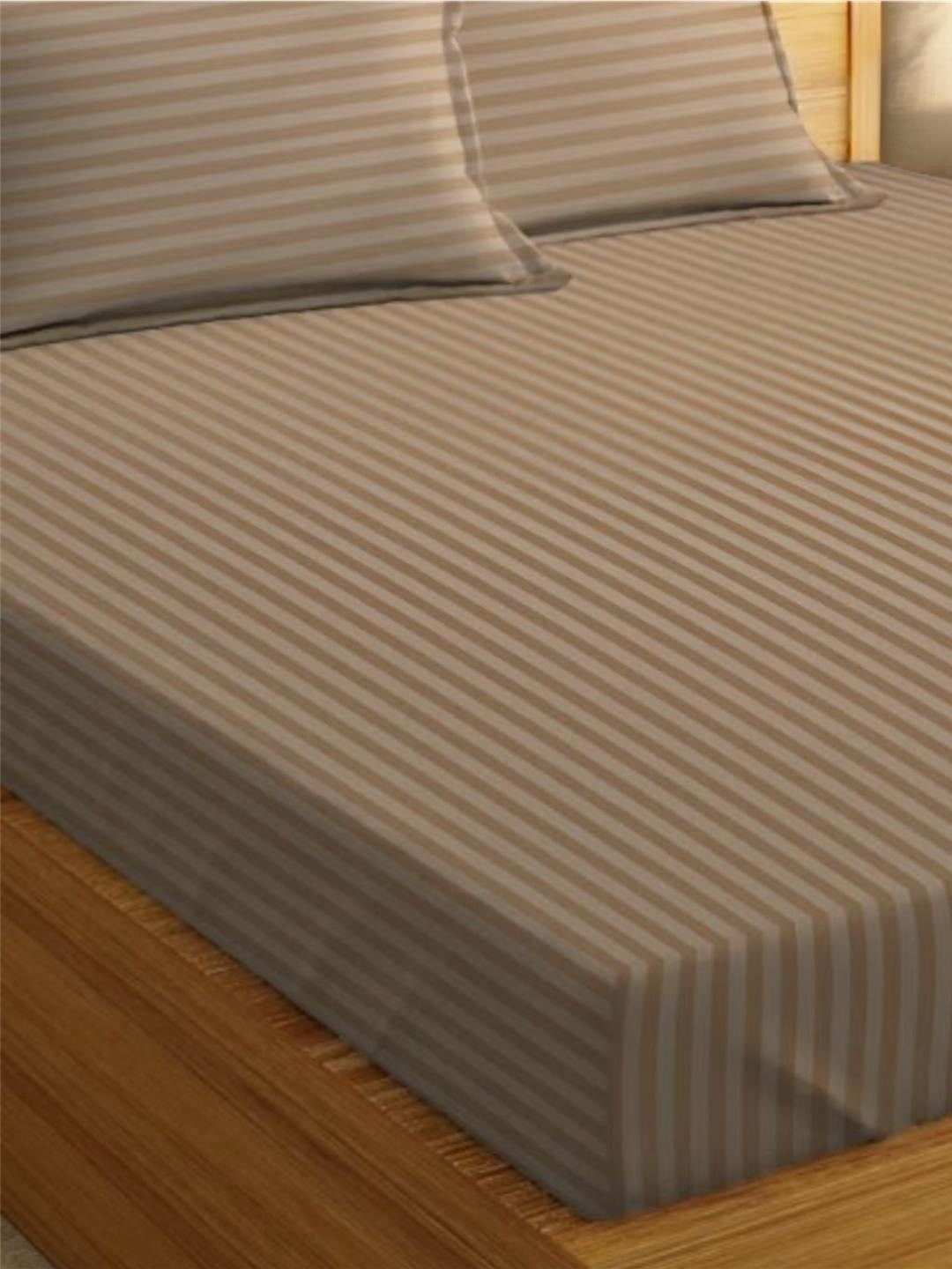 Wee Hours Beige Striped 350 TC Queen Bedsheet with 2 Pillow Covers