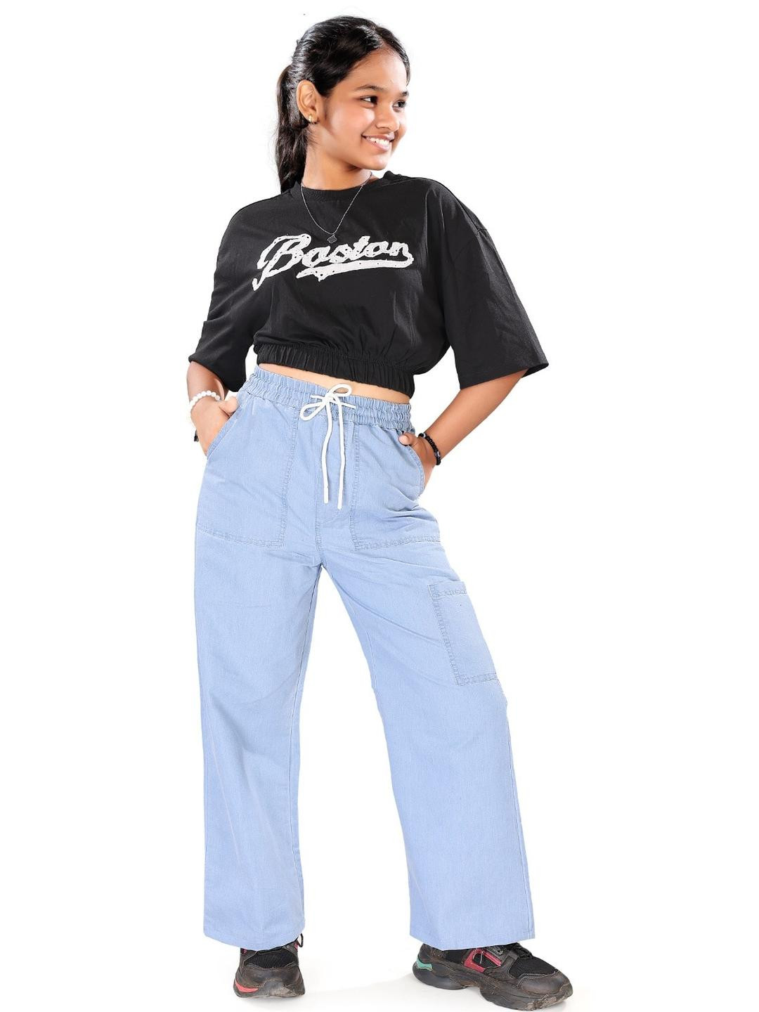 UNOseven Girls Wide Leg Mid-Rise Cargo Denim Jeans