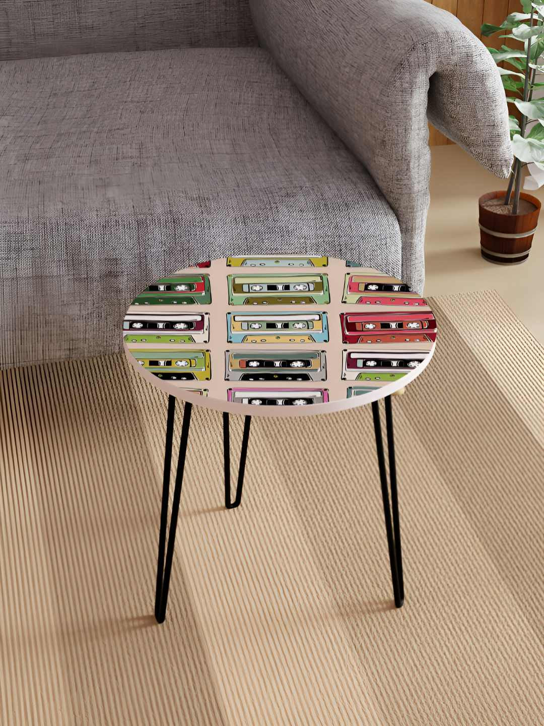 Jumig Beige & Black Printed Wooden & Metal Round Coffee Table