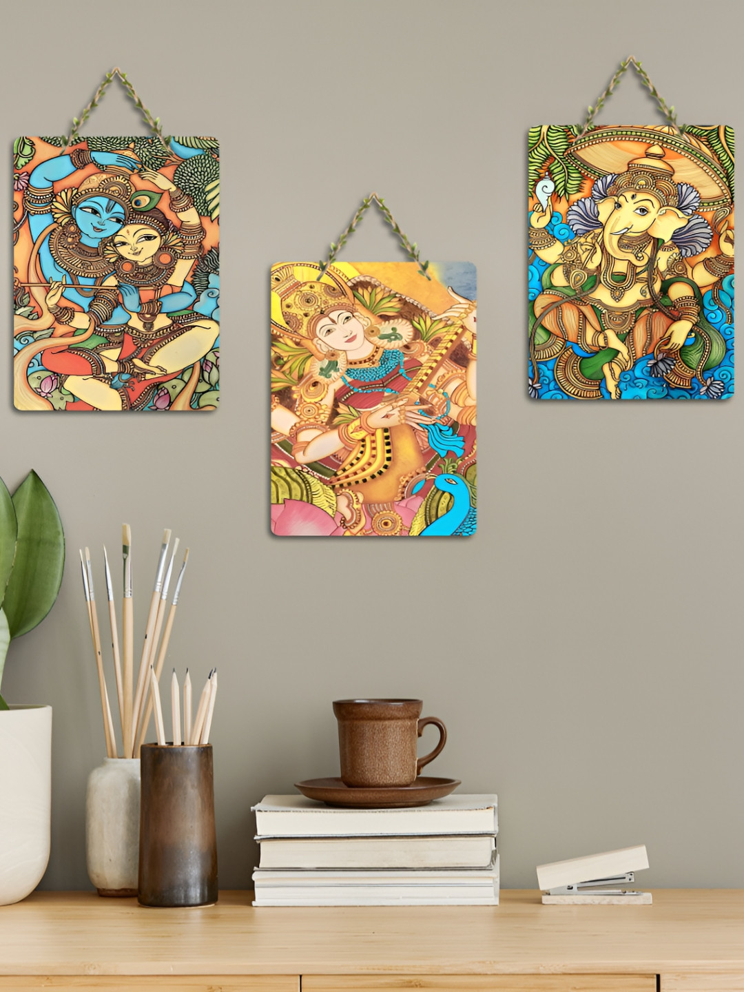 ArtVibes Blue & Beige 3 Pieces Printed Wooden Wall Hanging Decors