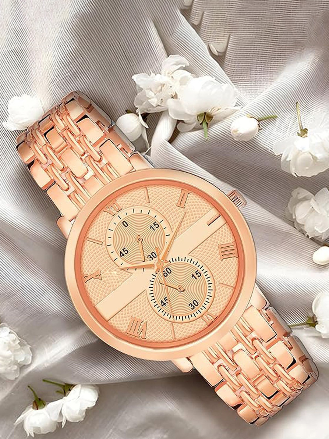 JUST LIKE Women Textured Bracelet Style Straps Analogue Watch 241 rose gold