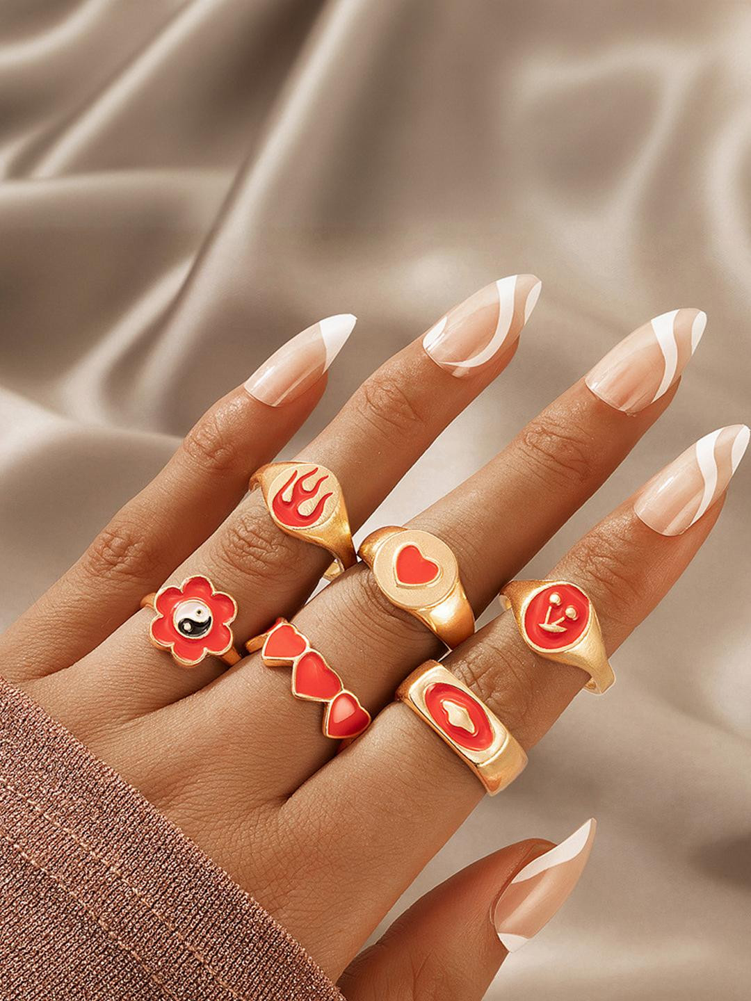 TheVineGirl Women 6 Pcs Gold-Plated Flower Heart Cherry Ring Set