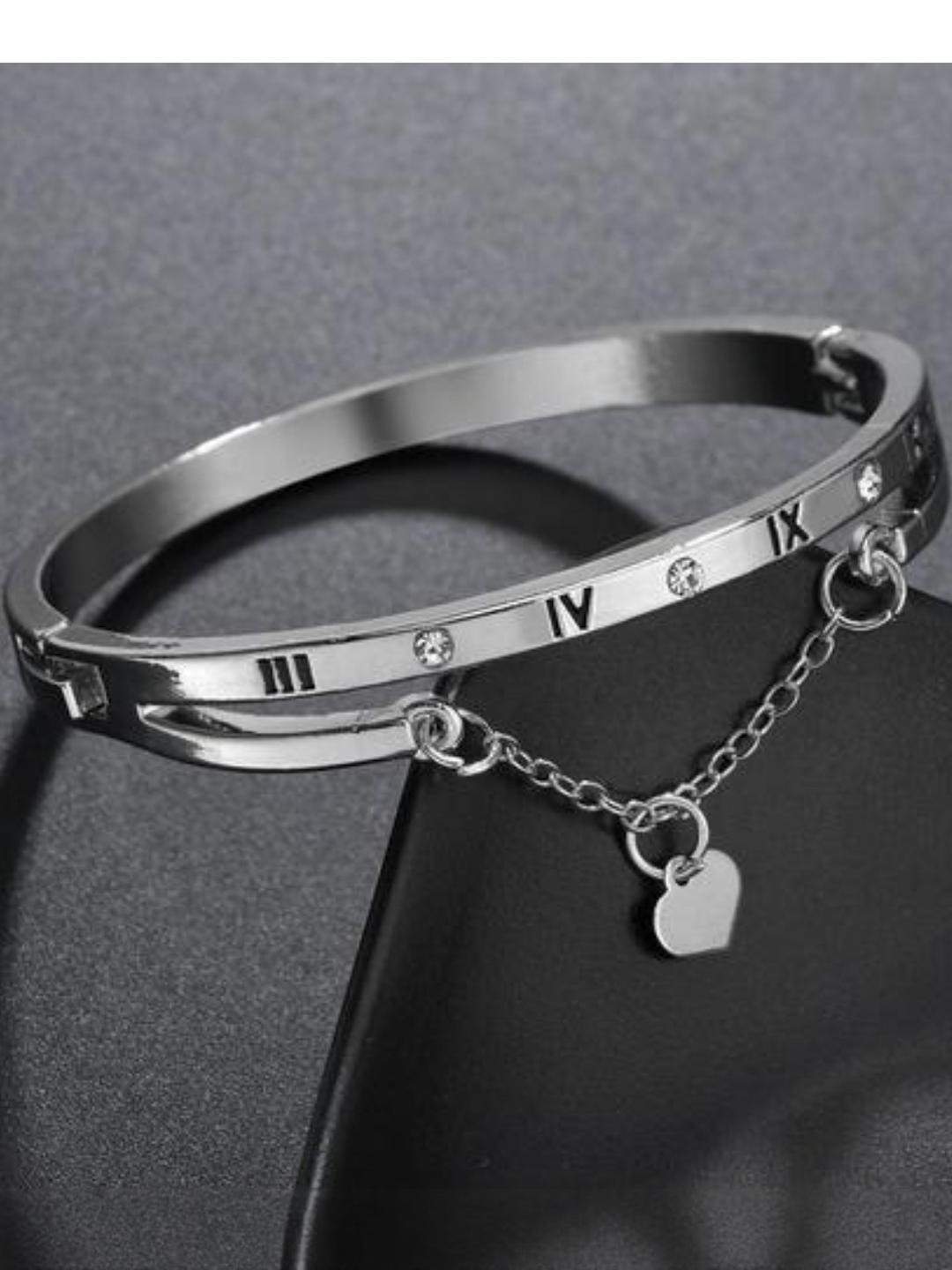 TheVineGirl Silver Plated Roman Numerals Heart Pendant Charm Bangle Bracelet For Women And Girls