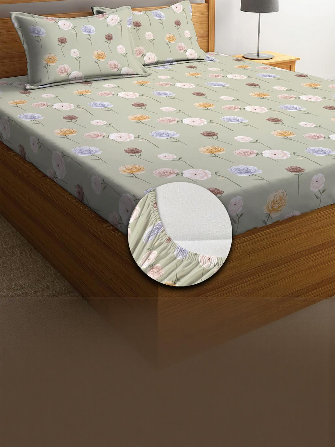 kurry home furnishing Green Floral Egyptian Cotton King Bedsheet with 2 Pillow Covers