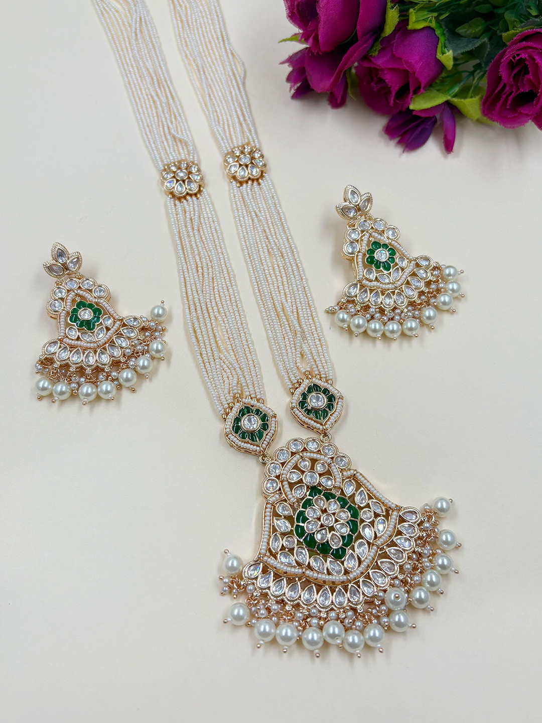 Gehna By  Beadazzled Rose Gold-Plated Stone Studded & Beaded Jewellery Set