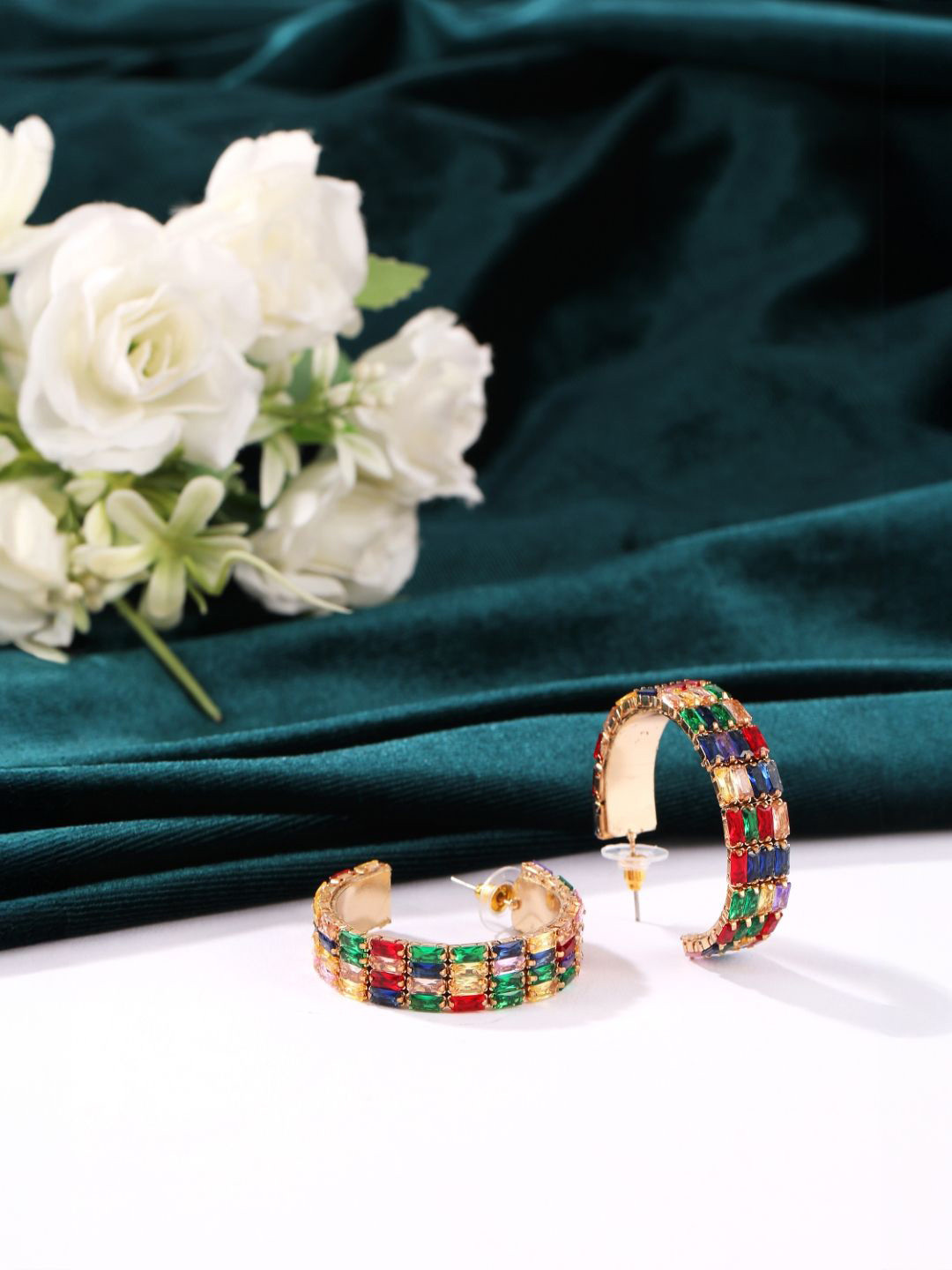 StyleCast Gold-Plated Rhinestone Studded Semi Sphere Shaped Half Hoop Earrings