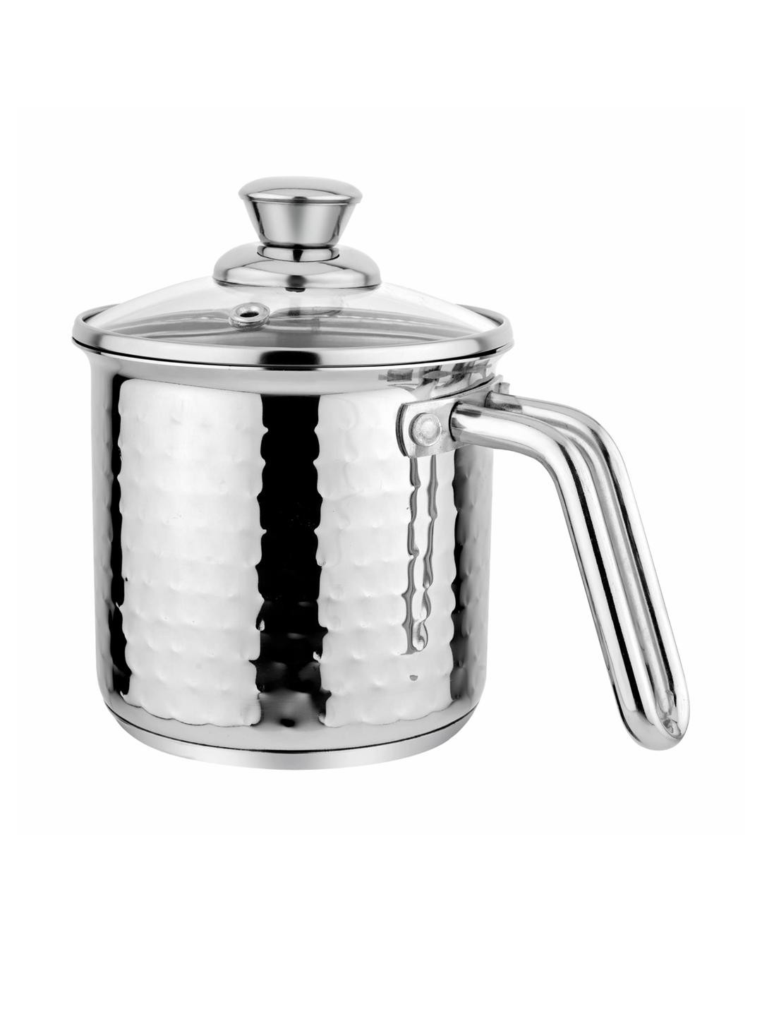 Prabha Stainless Steel Hammered Milk Pot 1.8 L with Glass Lid 14 cm