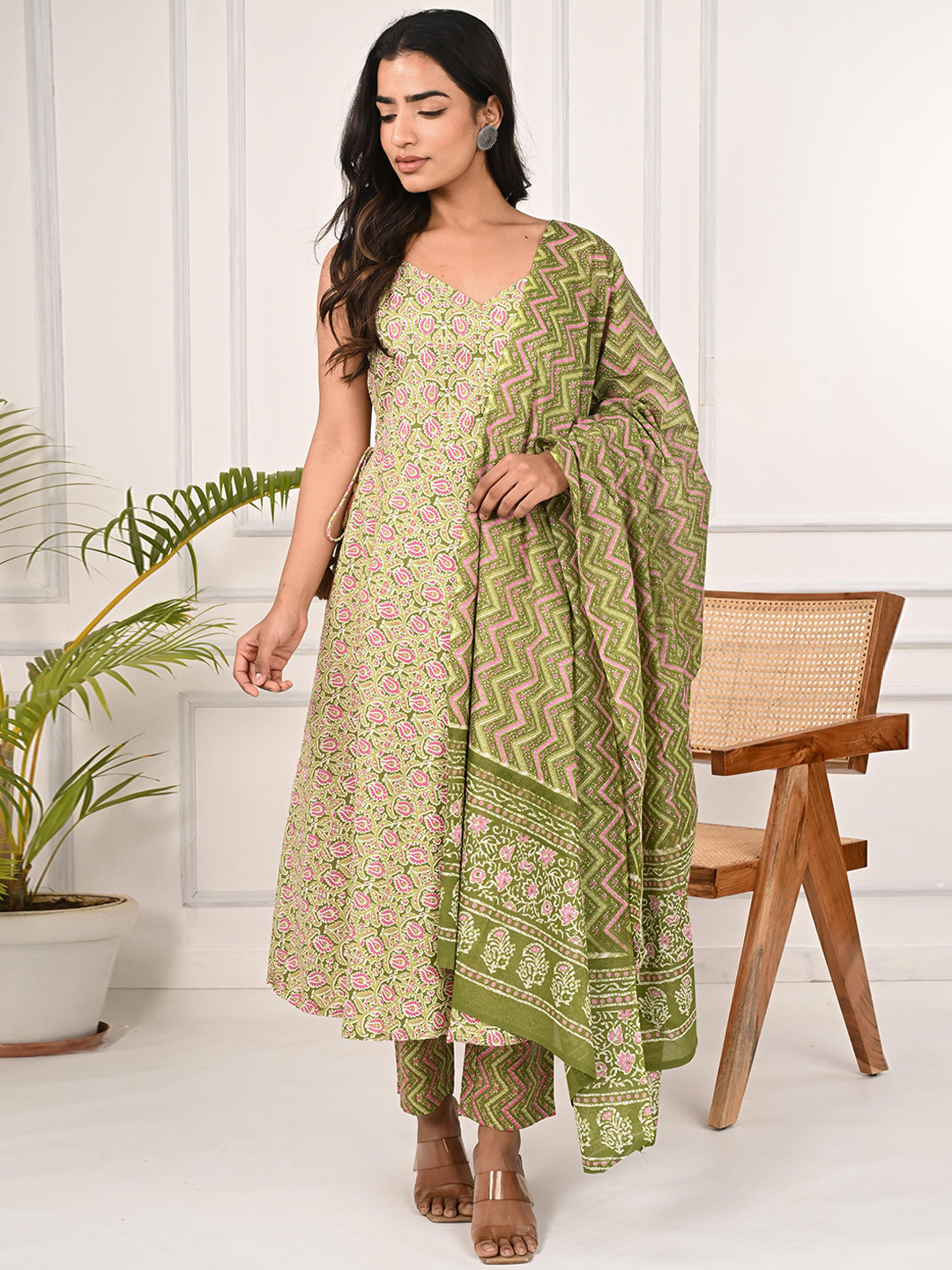 INDULI Women Ethnic Motifs Printed Cotton A-Line Kurta with Trousers & Dupatta