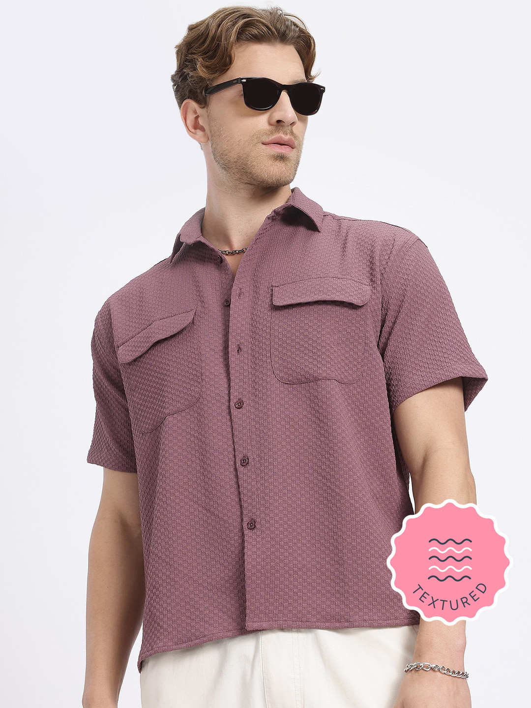 glitchez Textured Flap Pocketed Boxy Shirt