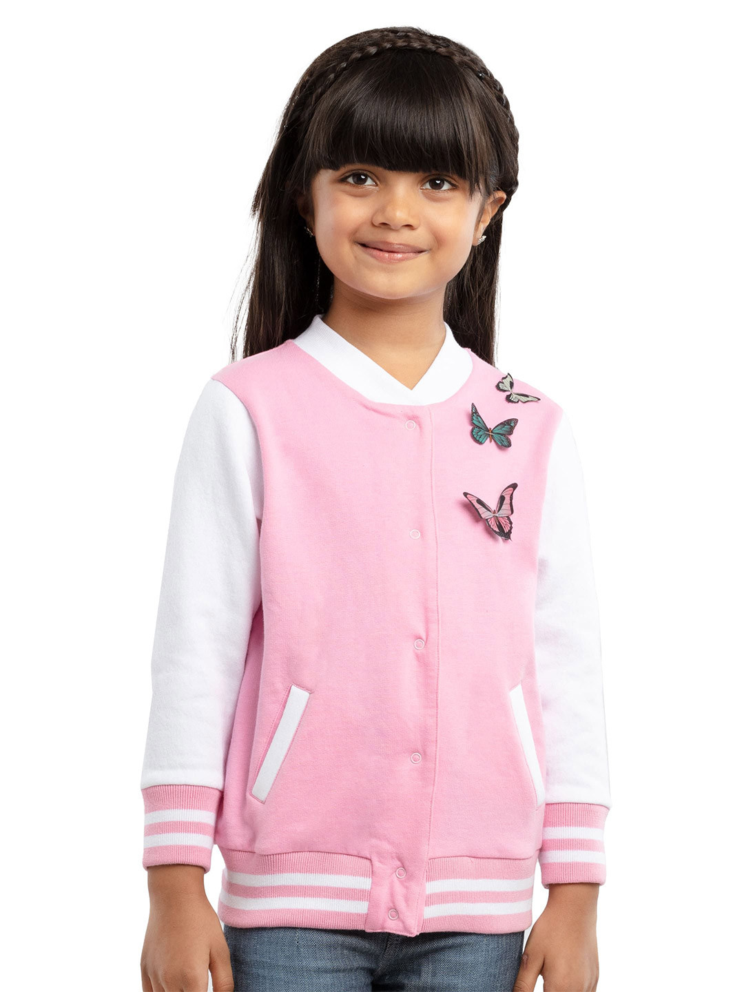 UNDER FOURTEEN ONLY Girls Colourblocked Butterfly Applique Front-Open Sweatshirt