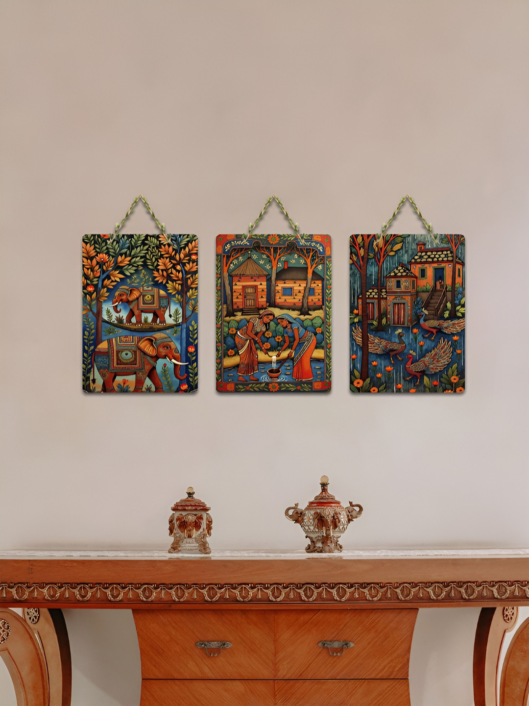 ArtVibes Blue & Green 3 Pieces Indian rural life Printed Wooden Wall Hanging Decors