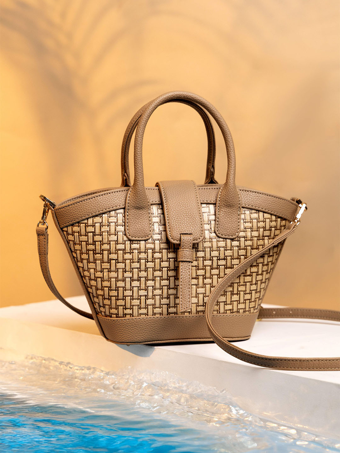 Suave Bags Women Textured Structured Bamboo Cane & Vegan Leather Handheld Bag