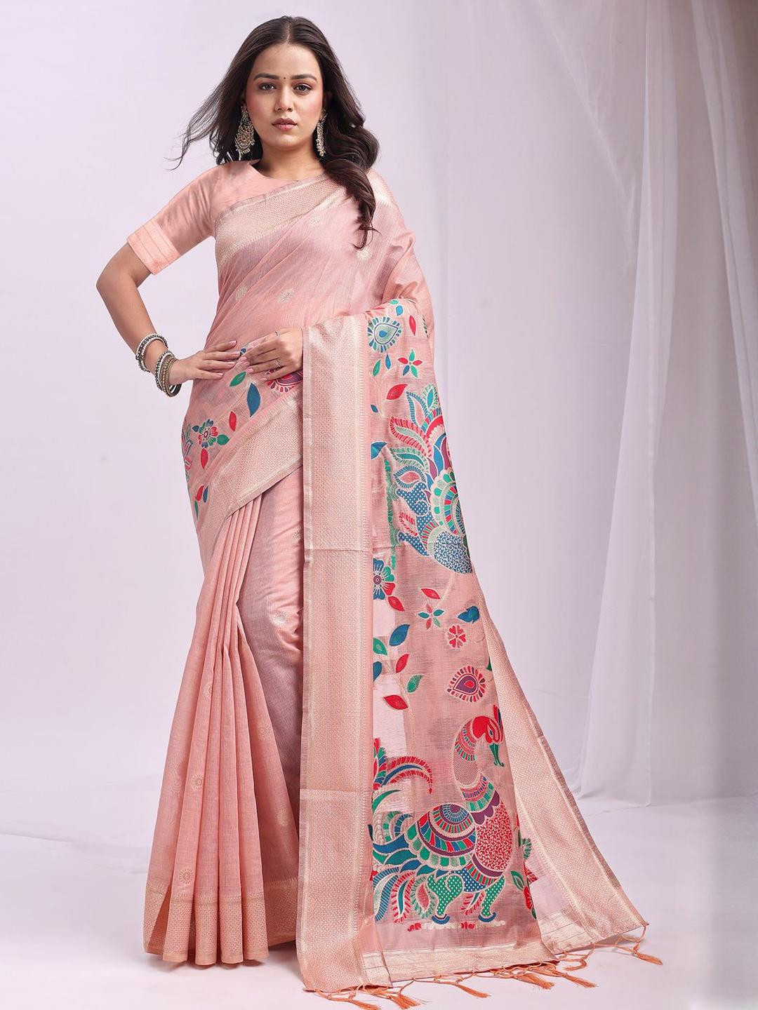 DIVASTRI Soft Linen Cotton Saree Zari Weaving And Matching Blouse Piece