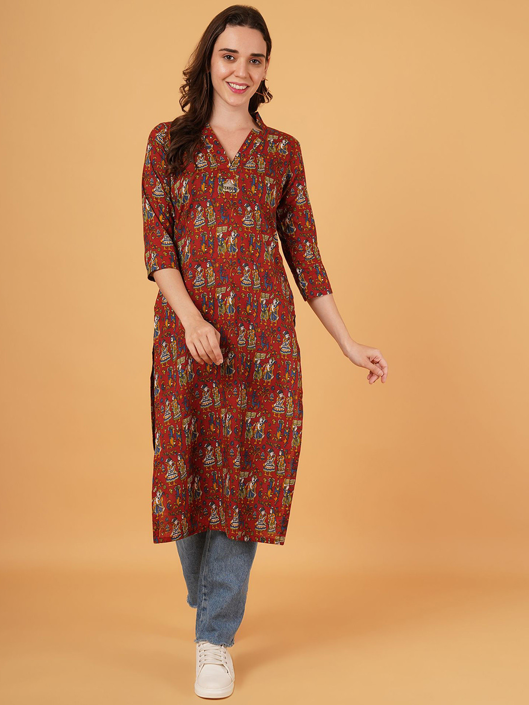 PFFASHION Ethnic-Motifs Printed V-Neck Cotton Straight Kurta