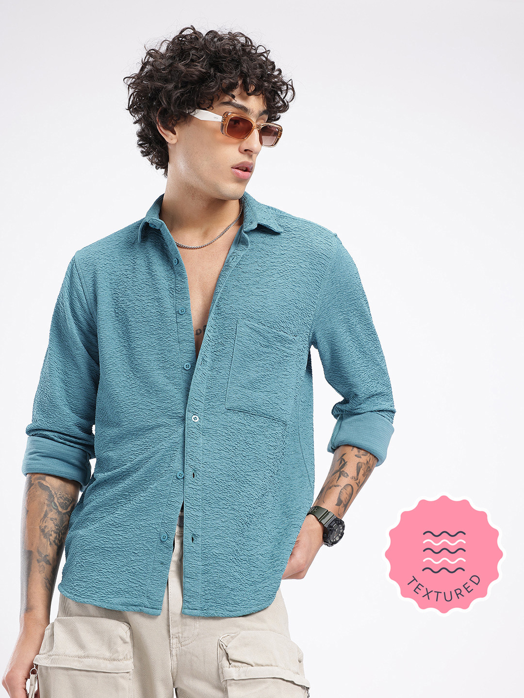 glitchez Textured Self Design Regular Fit Shirt