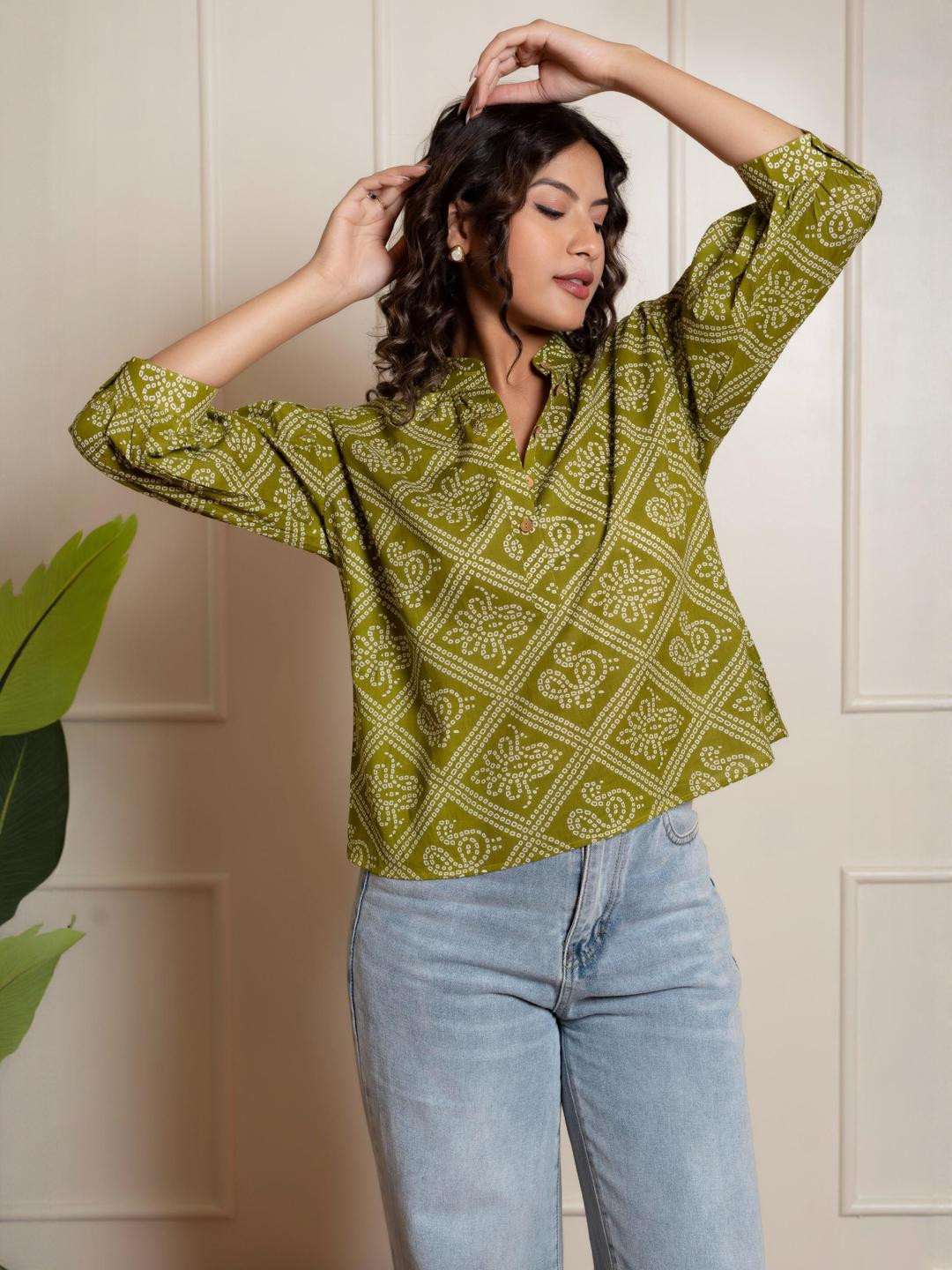 Pomcha Floral Printed Mandarin Collar Pure Cotton Shirt