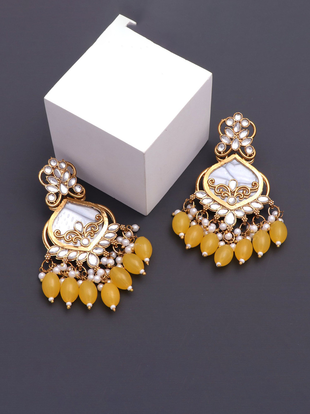 CAPILITE Jewellers Brass-Plated Kundan Studded & Pearls Beaded Enamelled Drop Earrings