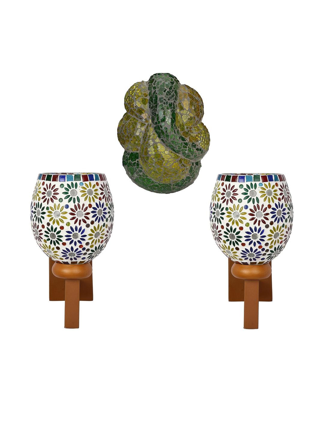 Somil Indore Mosaic Decorative Lamp Combo of Matching Wall Lamp & Blessing God Ganesh Wall Lamp, Multi Compatible with LED, Size: 16 X 16 X 26 Cm, Pack of 3.
