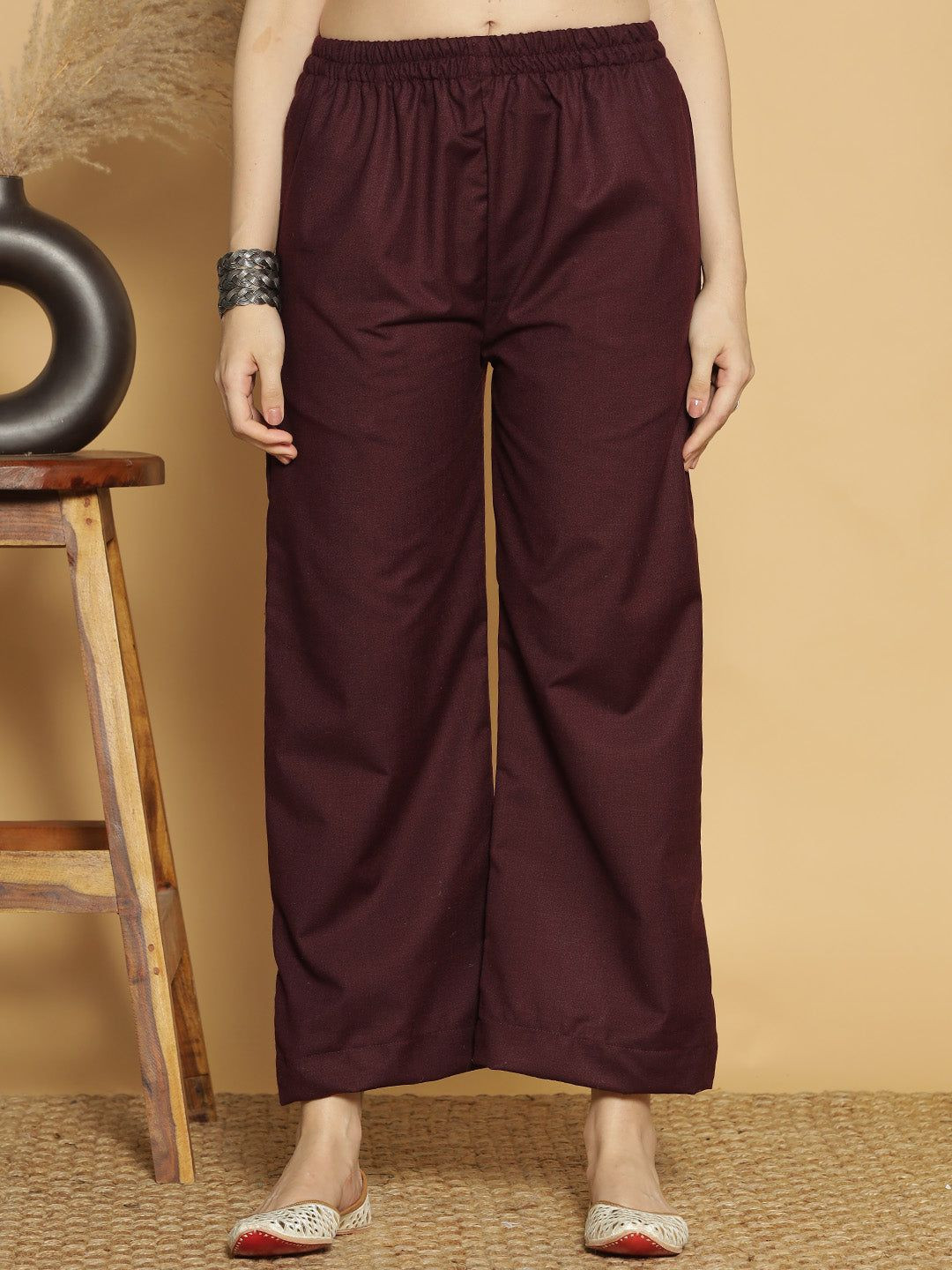 LetsDressUp Women Wine Acrylic Slip-On Wide Leg Palazzos