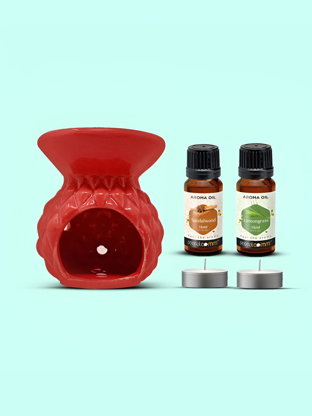 PEEPALCOMM 5Pcs Red Textured Ceramic T-light Aroma Diffuser With Oils - 15 ml Each
