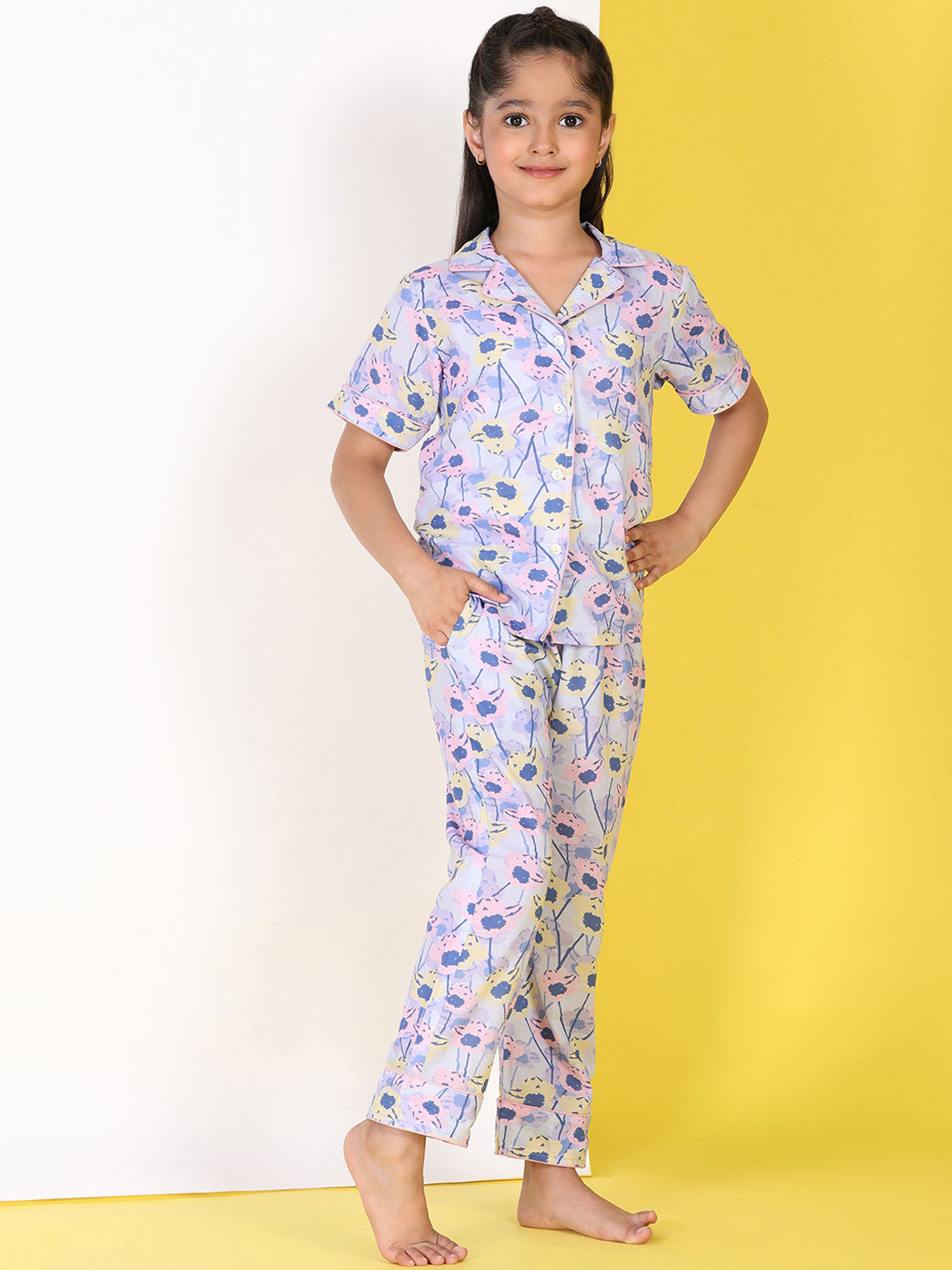 Maaesa Girls Tropical Printed Cotton Full Pant With Shirt Night suit Set