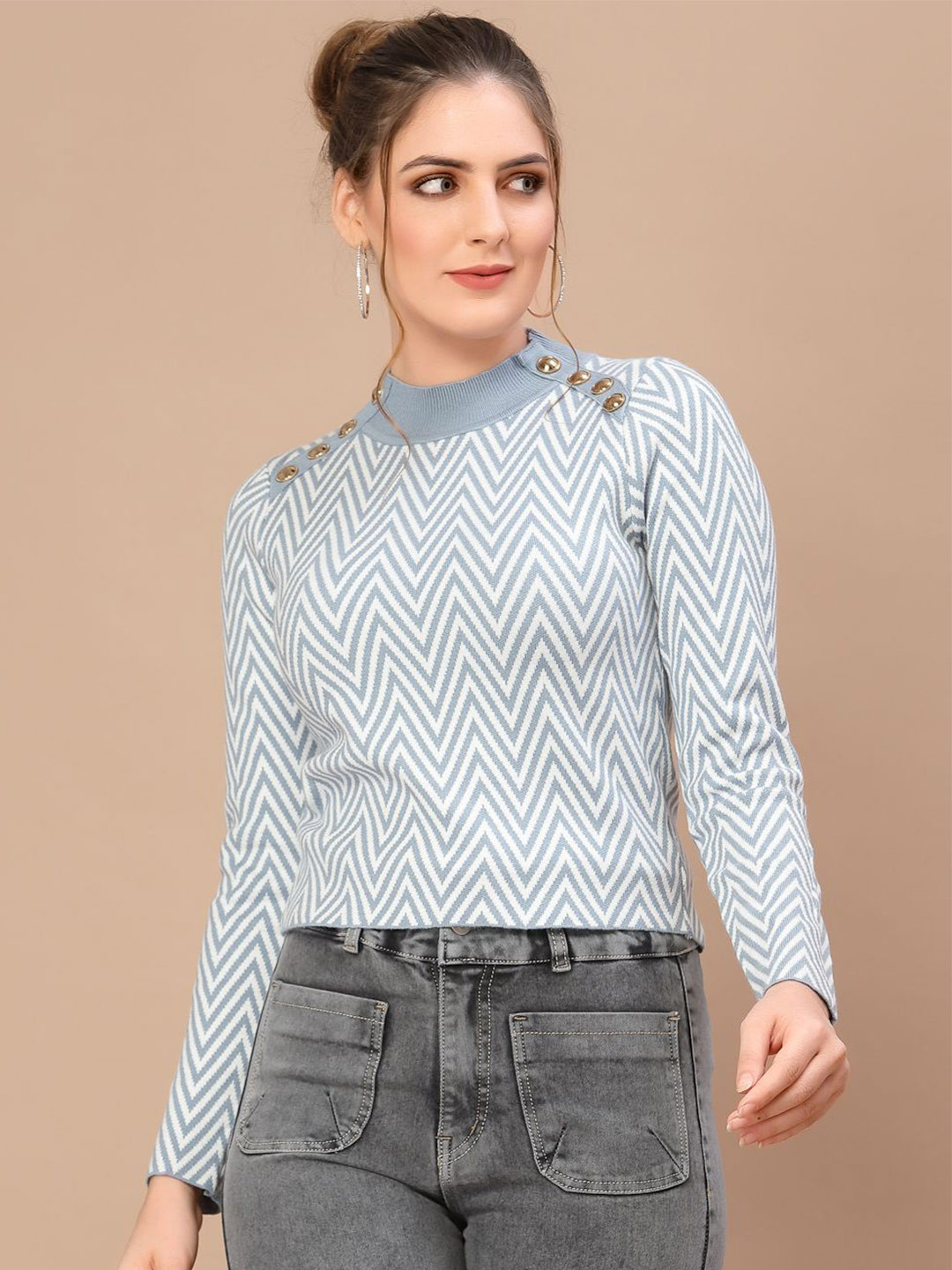 Mafadeny Women Chevron Pattern High Neck Top with Button Detail