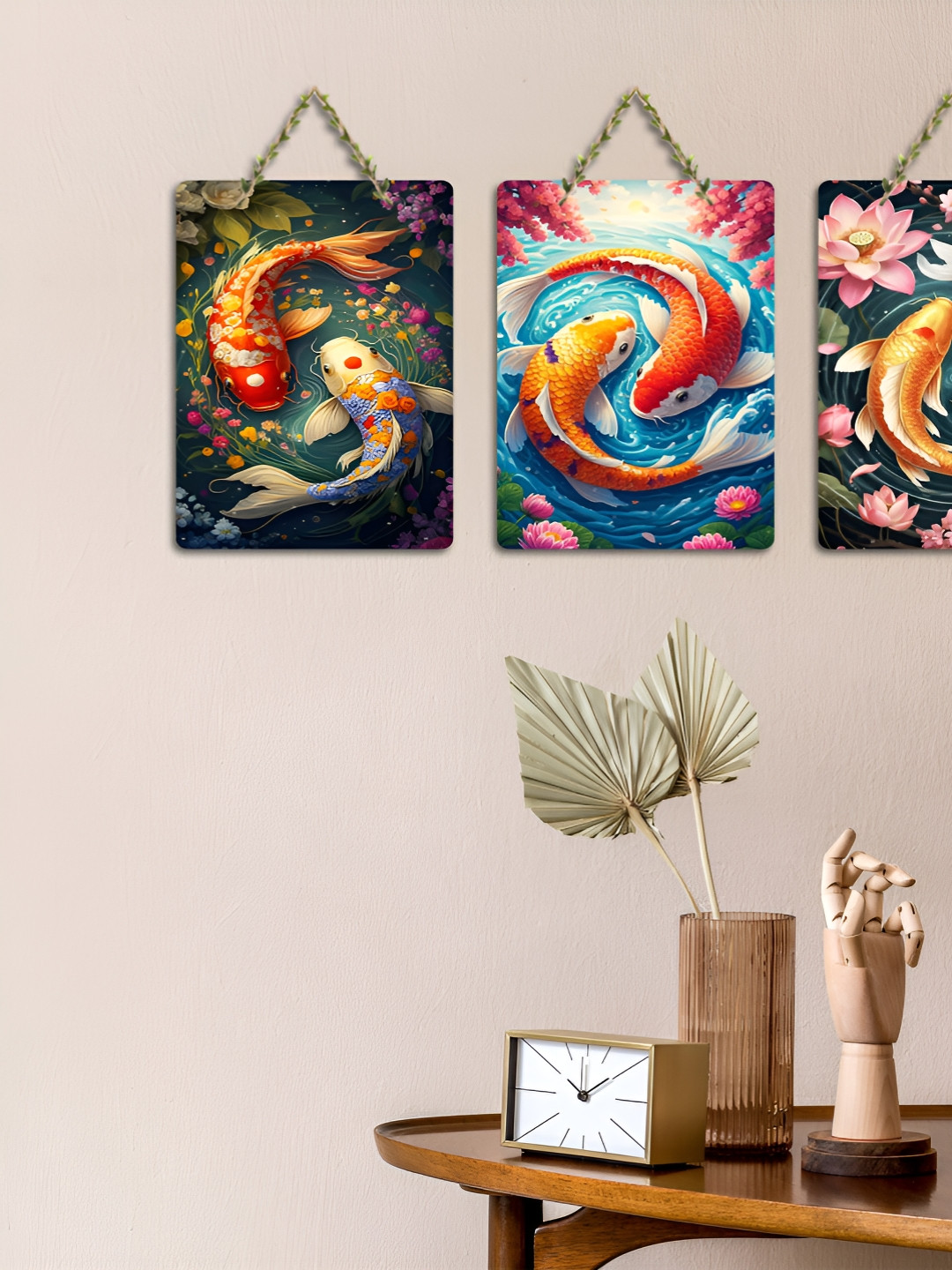 ArtVibes Yellow & Blue 3 Pieces Koi Fish Printed Wooden Hanging Wall Arts